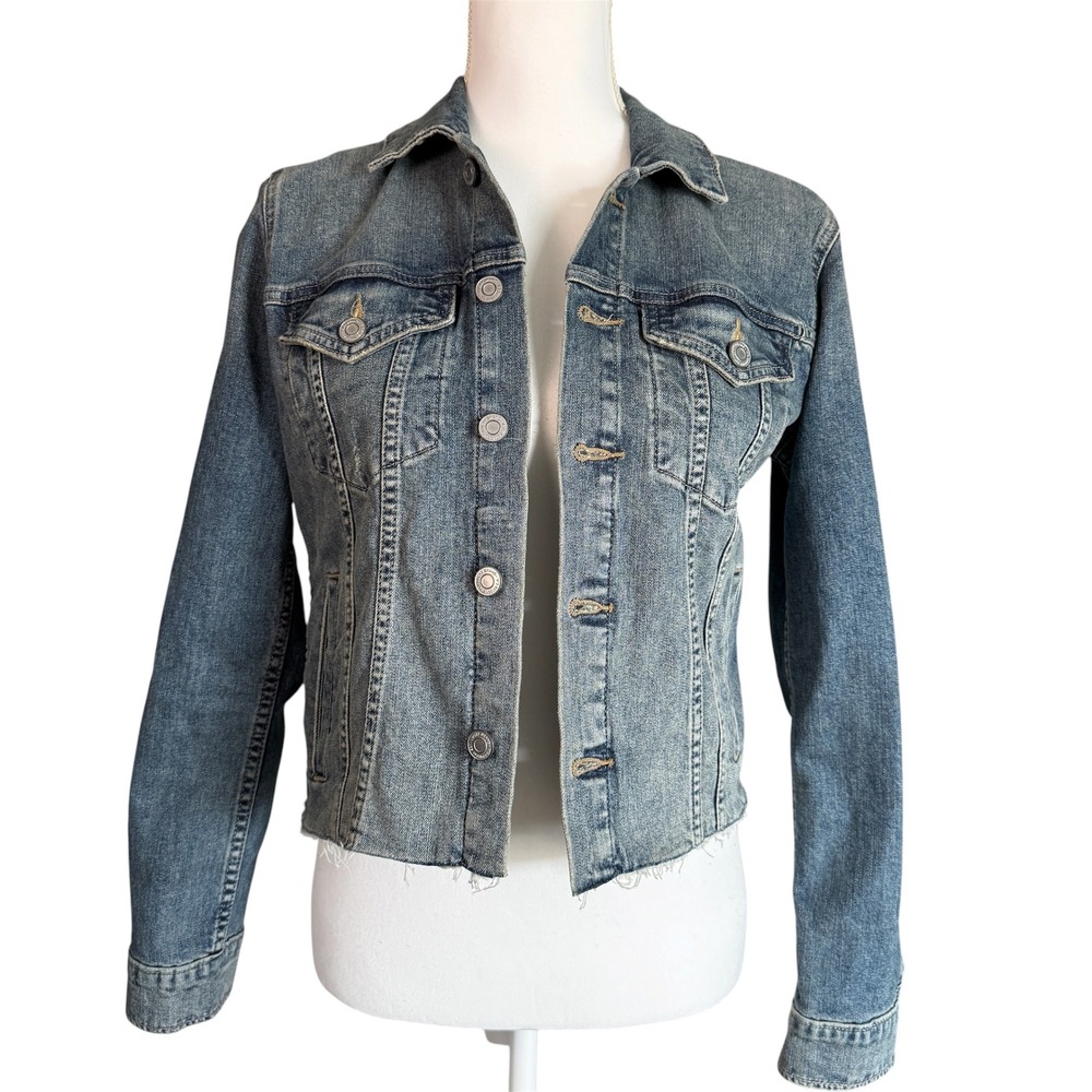 Lucky Brand Womens Medium Wash Denim Trucker Jacket Raw Hem Blue Small RN80318